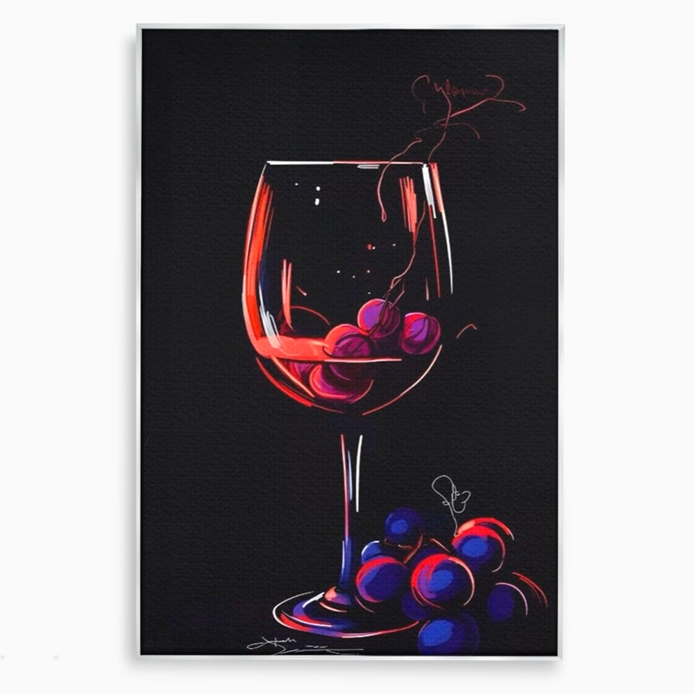 Tablou canvas cu tablou canvas cu pahar de vin si struguri, in rama de aluminiu argintiu